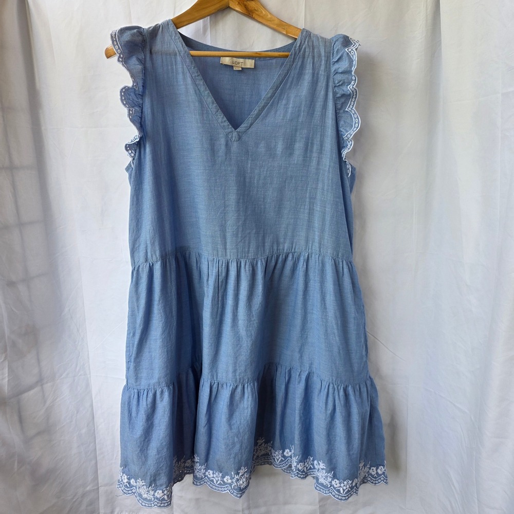 LOFT Blue Dress XL Summer Dress, Pockets, Cotton, Ruffle Sleeve, Cottagecore
